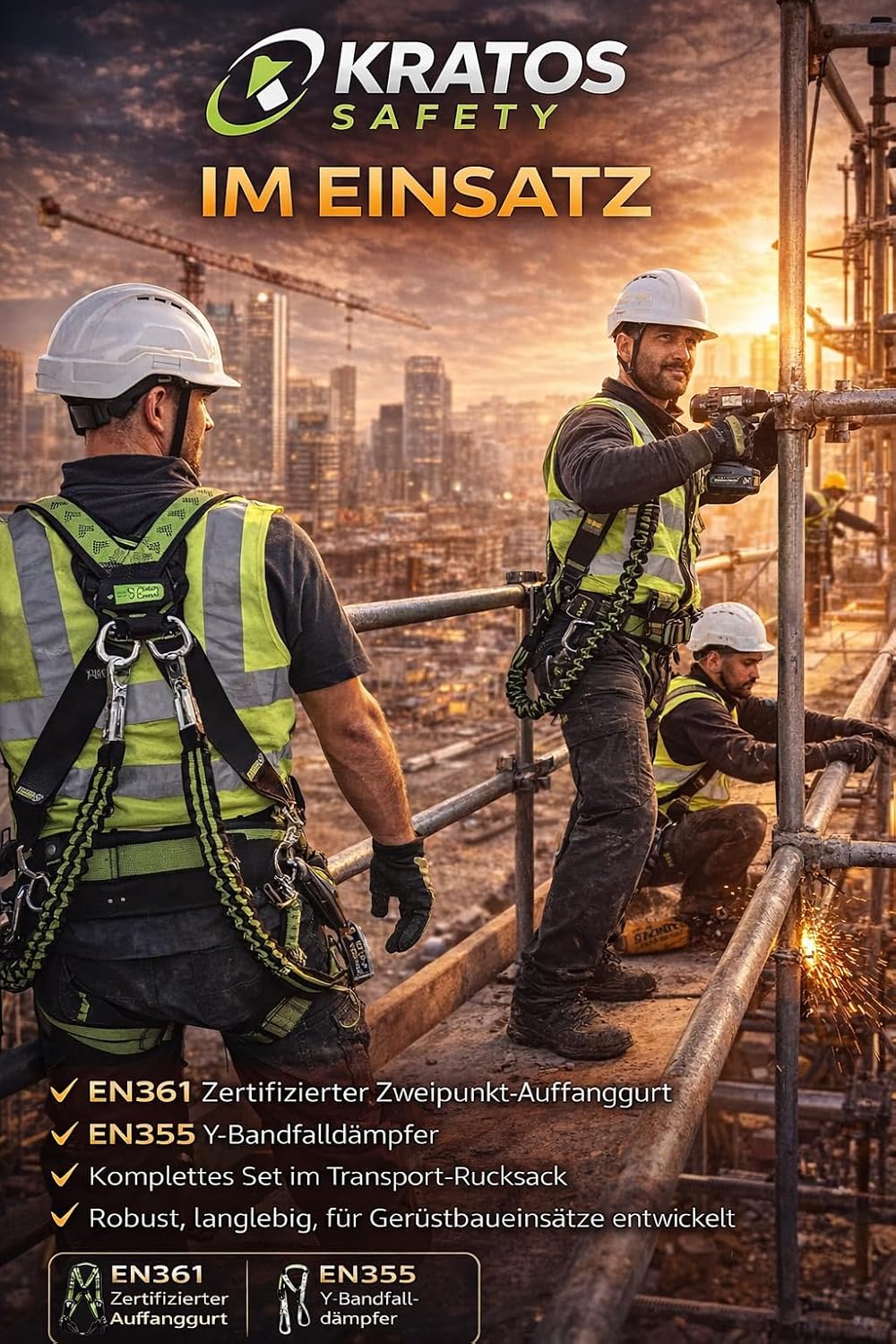 Kratos Safety Gerüstbauer Sicherheitsset, Fallschutz-Set mit Kratos Zweipunktauffanggurt EN361, Y-Ba