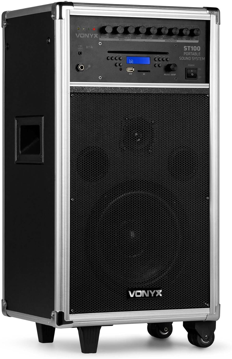Vonyx ST100 Mobiler Akkulautsprecher mit 2 drahtlosen UHF-Mikrofonen, 1 kabelgebundenem Mikrofon, Bl
