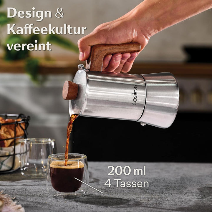 Cosumy Espressokocher Induktion für alle Herdarten geeignet 4 Tassen - Mokkakanne Edelstahl & FSC Ei
