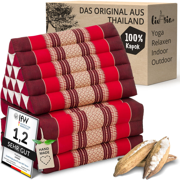 livasia Thaikissen 3 Auflagen extrahoch - 185x55x8cm - Dreieckskissen mit Klappmatratze, Kapok, Jumb