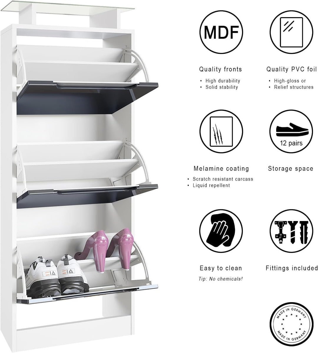 Vladon Schuhschrank Space V2, Schuhkipper für 12 Paar Schuhe mit 3 Klappen und Glasablage, Weiss mat