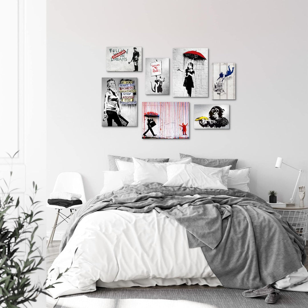 Novart Wandbilder Banksy Collage - KOMPLETT AUFHÄNGFERTIG - Street Art Wohnzimmer Büro - 7 Moderne M