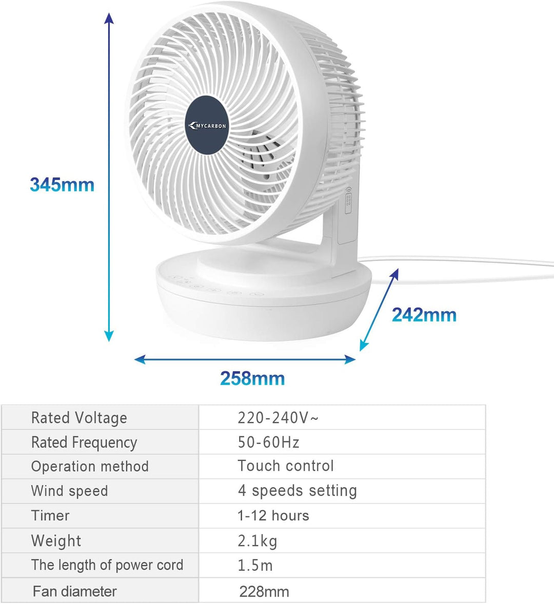 MYCARBON Ventilator Leise Turbo-Ventilator + 3D Luftumwälzer für 30m² |ECO-Mode Klimagerät-Effizienz