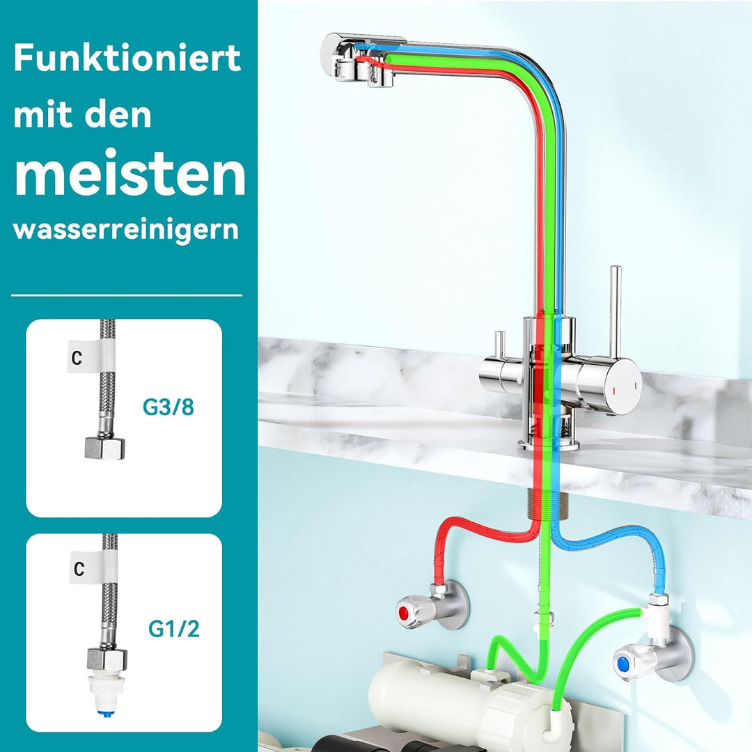 FORIOUS Wasserhahn Küche, 3 Wege Wasserhahn Mischbatterie Küche, Zweigriffige Edelstahl-Spülarmature