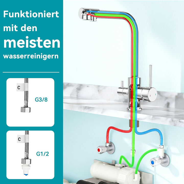 FORIOUS Wasserhahn Küche, 3 Wege Wasserhahn Mischbatterie Küche, Zweigriffige Edelstahl-Spülarmature