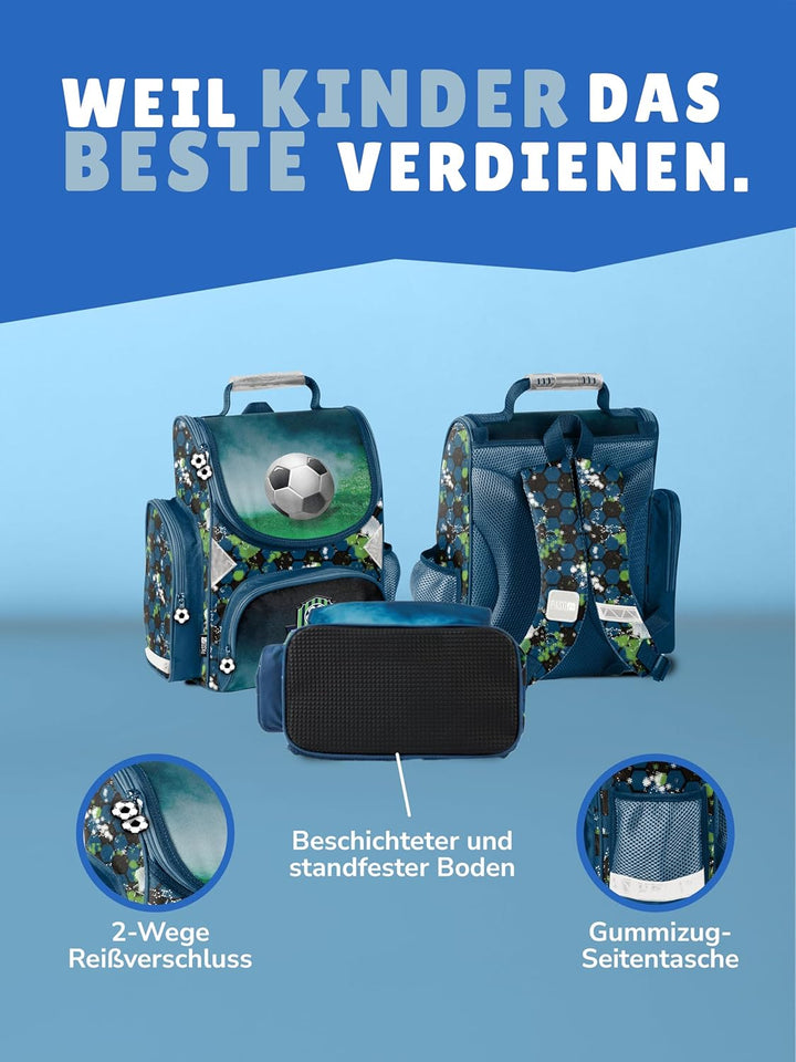 Familando Fussball Schulranzen 1. Klasse ergonomischer Tornister für Mädchen und Jungen Schultasche