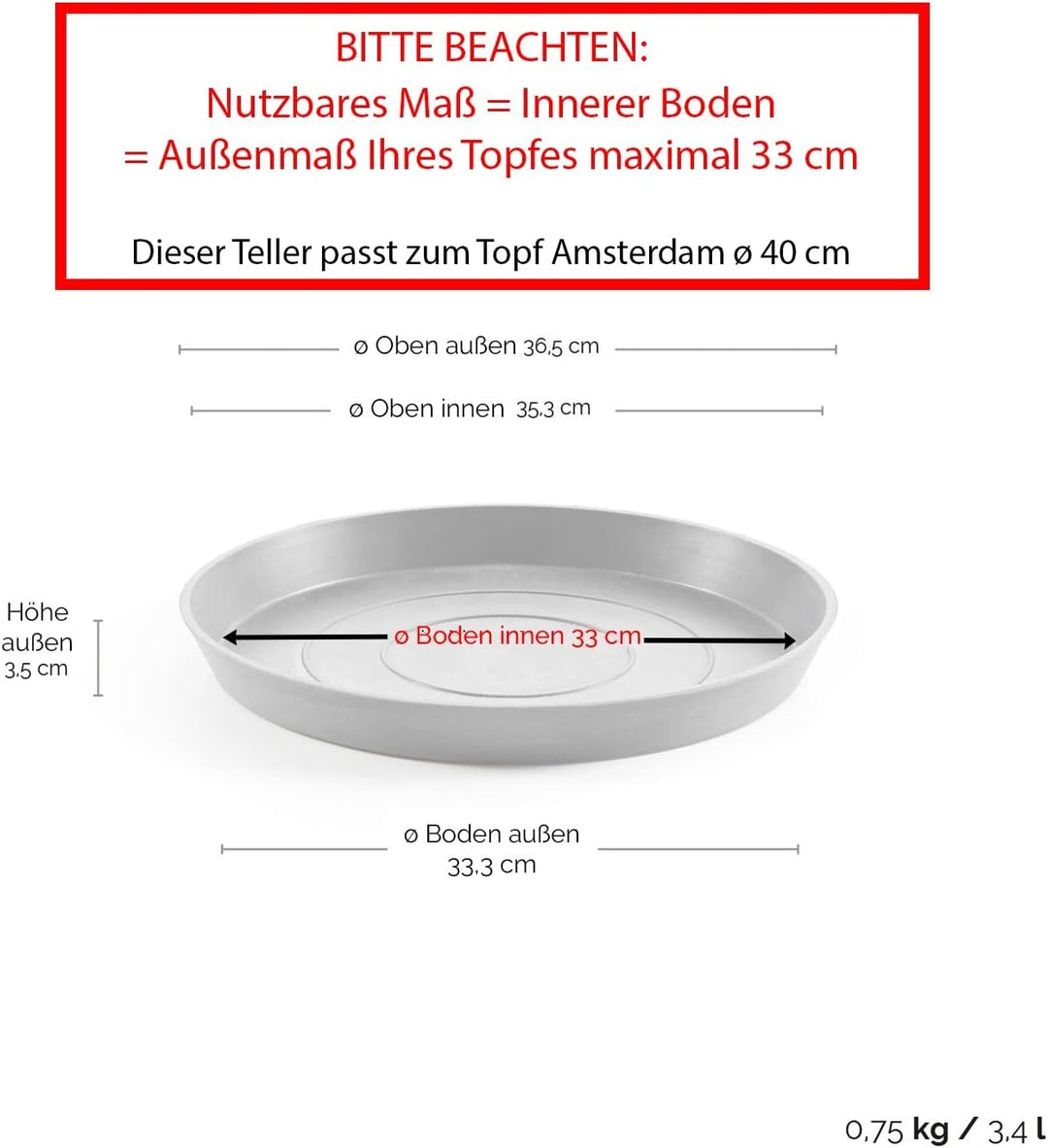 Ecopots Untersetzer für Blumentopf Amsterdam Dunkel Grau - Durchmesser Ø Aussen 36 cm/Innen 33 cm ru