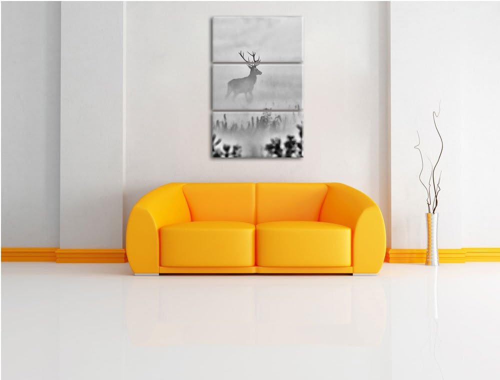 Pixxprint Hirsch im Nebel als Leinwandbild | Grösse: 3 Teilig (120x80) | Wandbild| Kunstdruck | fert