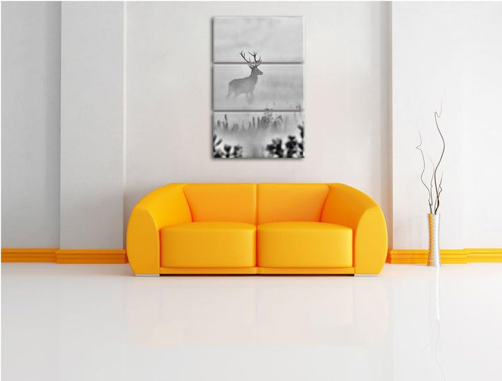 Pixxprint Hirsch im Nebel als Leinwandbild | Grösse: 3 Teilig (120x80) | Wandbild| Kunstdruck | fert
