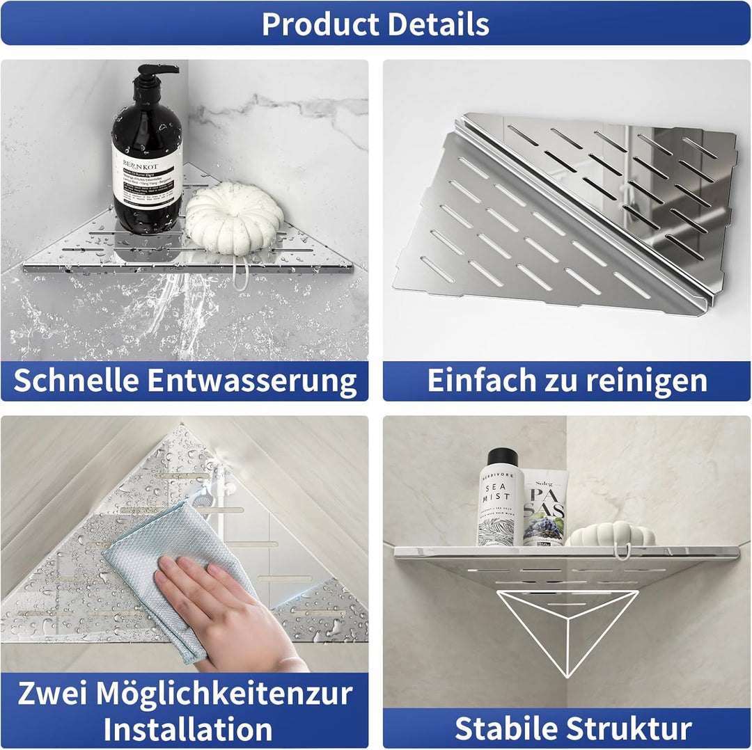 Eck Duschregal, Edelstahl 304 Badezimmerregal aus Stahl für geflieste Wände, Einbauregal für die Bad