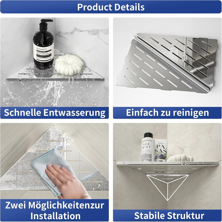 Eck Duschregal, Edelstahl 304 Badezimmerregal aus Stahl für geflieste Wände, Einbauregal für die Bad