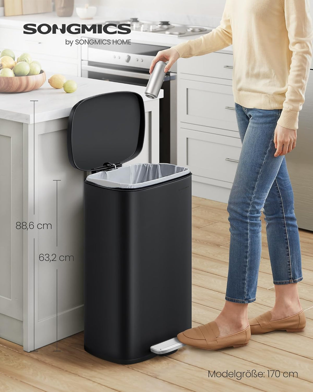SONGMICS Mülleimer Küche, 50 Liter, Abfalleimer, Treteimer, mit Deckel, Softclose, Fusspedal, Stahl,
