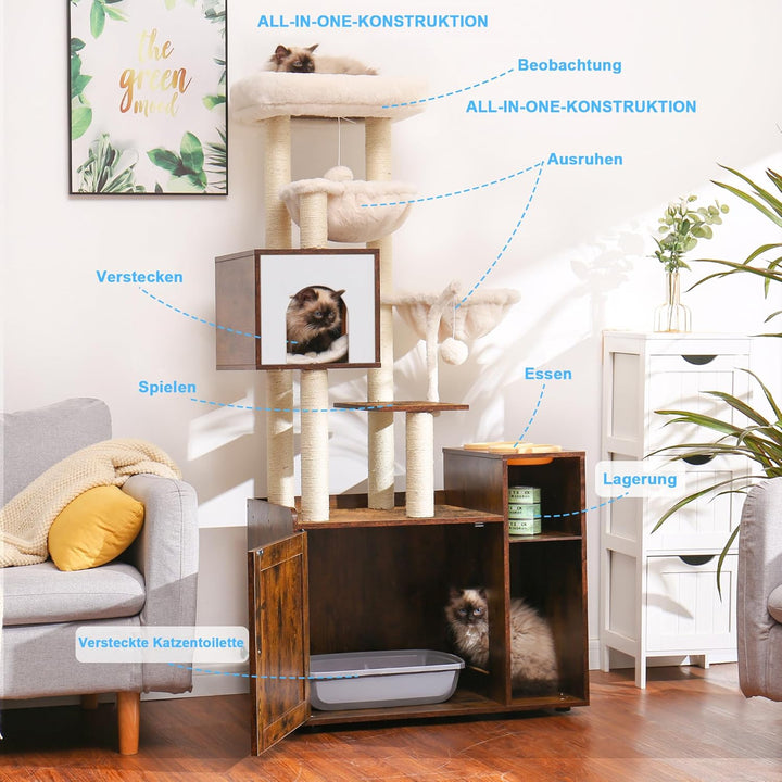Hey-brother Kratzbaum mit Katzenklo, moderner Katzenturm für Wohnungskatzen mit grosser Plattform, F