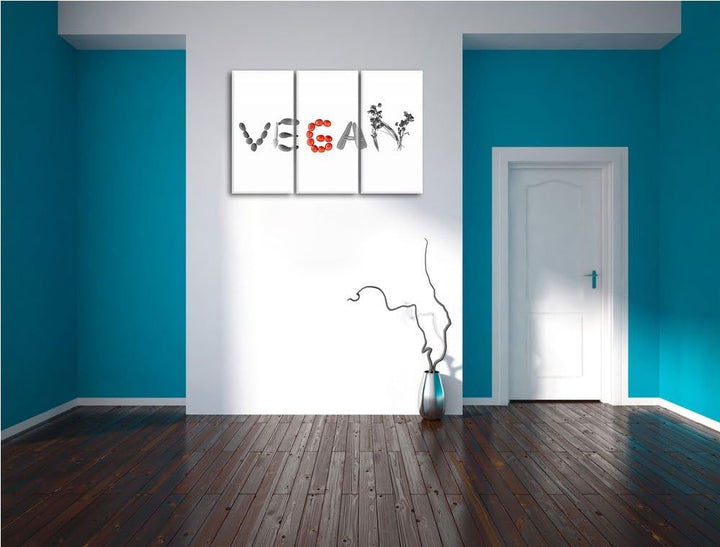 Schriftzug Vegan Gemüse schwarz/weiss 3-Teiler Leinwandbild 120x80 Bild auf Leinwand, XXL riesige Bi