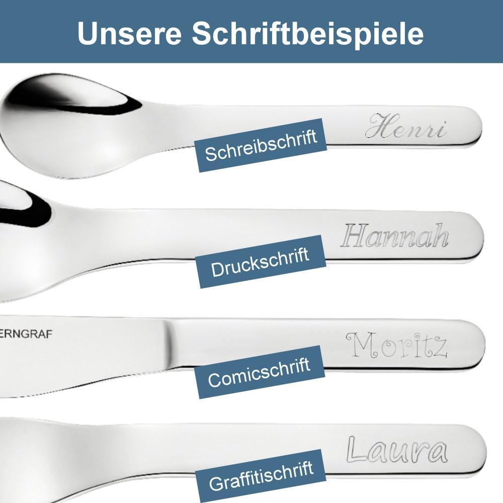 Kinderset Tiere Manao 7tlg. mit Gravur auf der Besteck-Rückseite (z.B. Namen) Kinderbesteck + Kinder