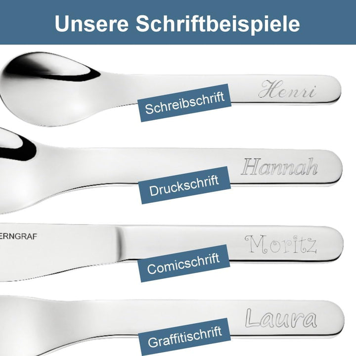 Kinderset Tiere Manao 7tlg. mit Gravur auf der Besteck-Rückseite (z.B. Namen) Kinderbesteck + Kinder