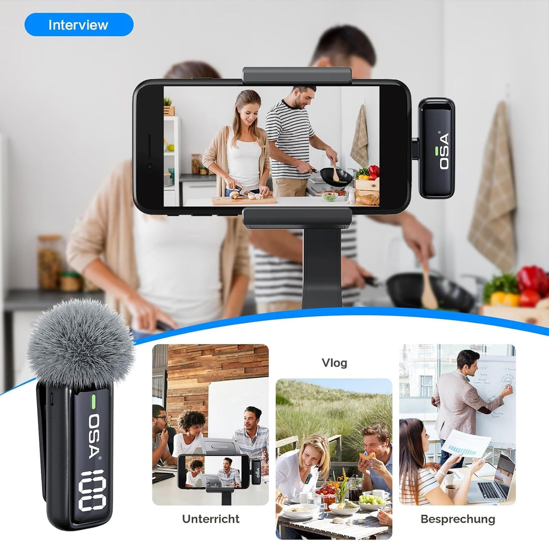 OSA Lavalier Mikrofon Kabellos, Wireless Mini Microphone Professionelles Dual Wireless Mikrofon Plug