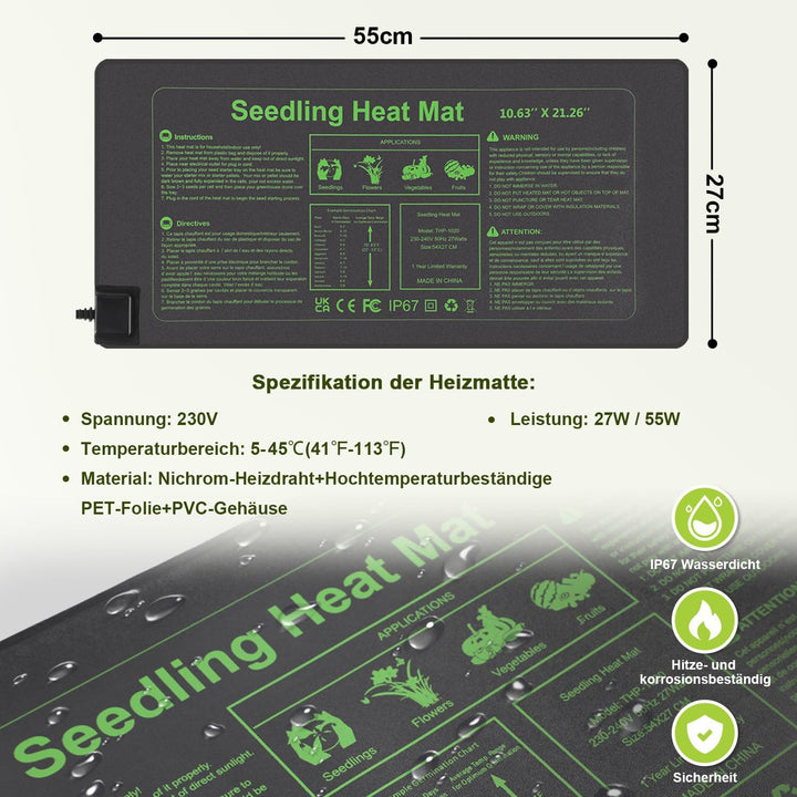 Heizmatte Pflanzen mit Thermostat, 55W Heizkissen, IP67 Wasserdicht, Wärmematte mit Timing-Funktion,