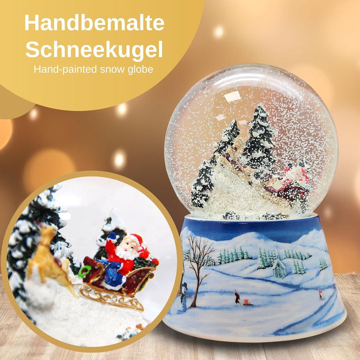 Schneekugel Weihnachtsmann im Schlitten auf Sockel nostalgische Schneelandschaft Mittelblau Weihnach