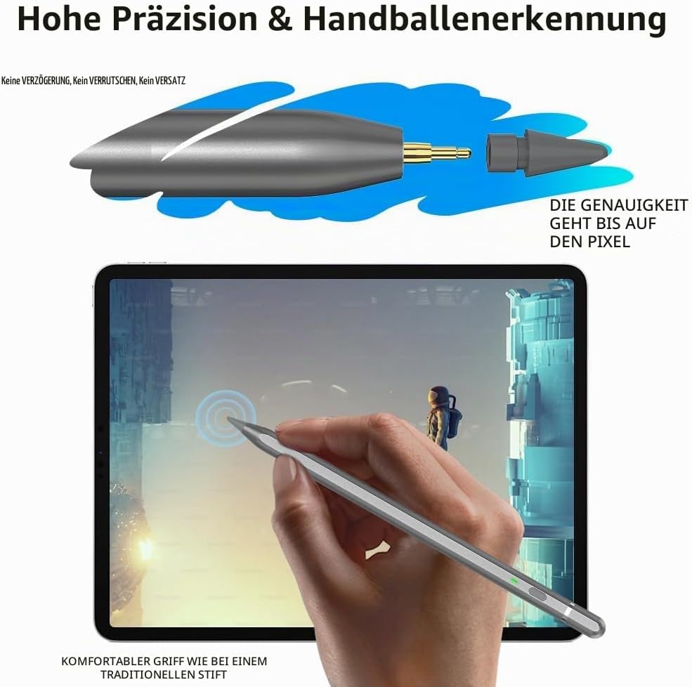 KIROSA Stift für iPad 2018-2023, iPad Stift mit USB-C Schnellladung, Neigung &amp; Handflächenabweisung,
