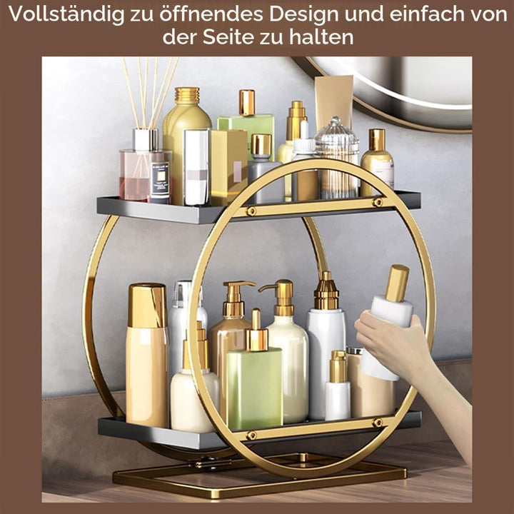 Make-up-Organizer für Schminktisch, 2-stöckig, Metall, Goldfarben, Modern, Kosmetik-Aufbewahrungsreg