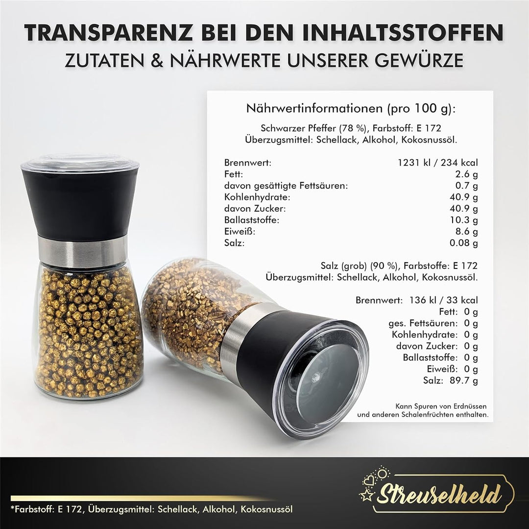 Streuselheld - Salz und Pfeffermühle mit Gold Gewürzen - 2er Geschenk Set mit Geschenkbox - Pfeffer
