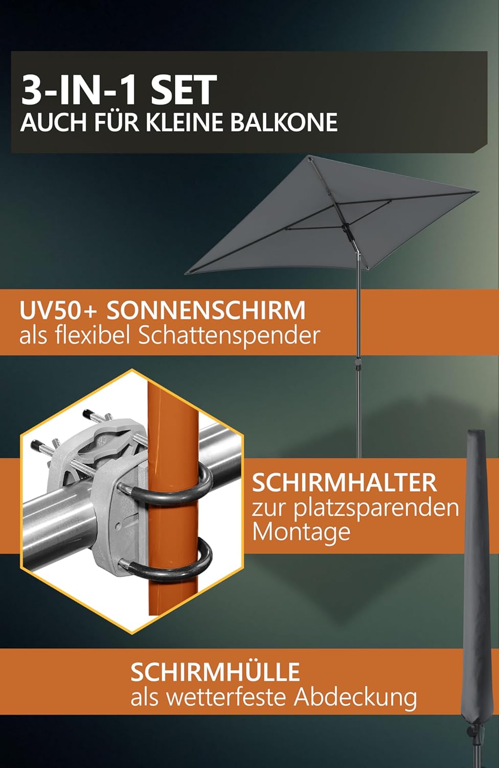 4smile Sonnenschirm Balkon SunnyShade Plus, Sonnnenschutz Balkon SET 3-in-1, Anthrazit - UV50+ Sonne