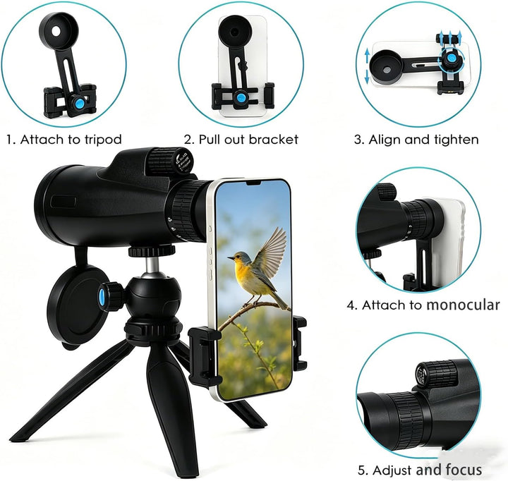 Monokular Teleskop 10-30x50 HD Monokulare Fernrohr mit Smartphone-Halter und Stativ,BAK4-Prisma und