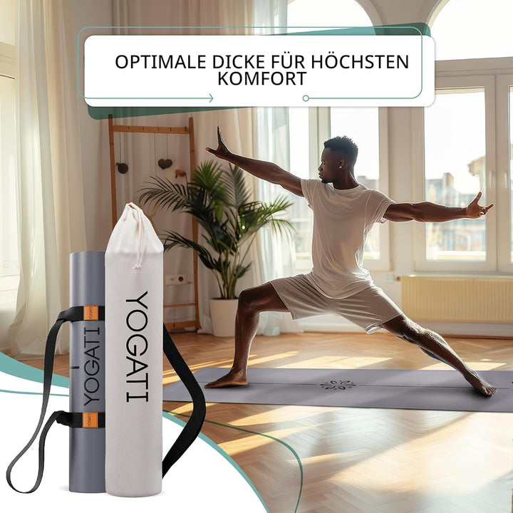 YOGATI® Yogamatte rutschfest Naturkautschuk mit Tasche - Yoga Matte gross mit Markierung, Sportmatte