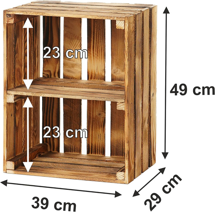 GrandBox Geflammte Holz-Kiste 50x40x30 2er Set mit Mittelbrett Vertikal, Wein-Kiste, Obst-Kiste, Kam