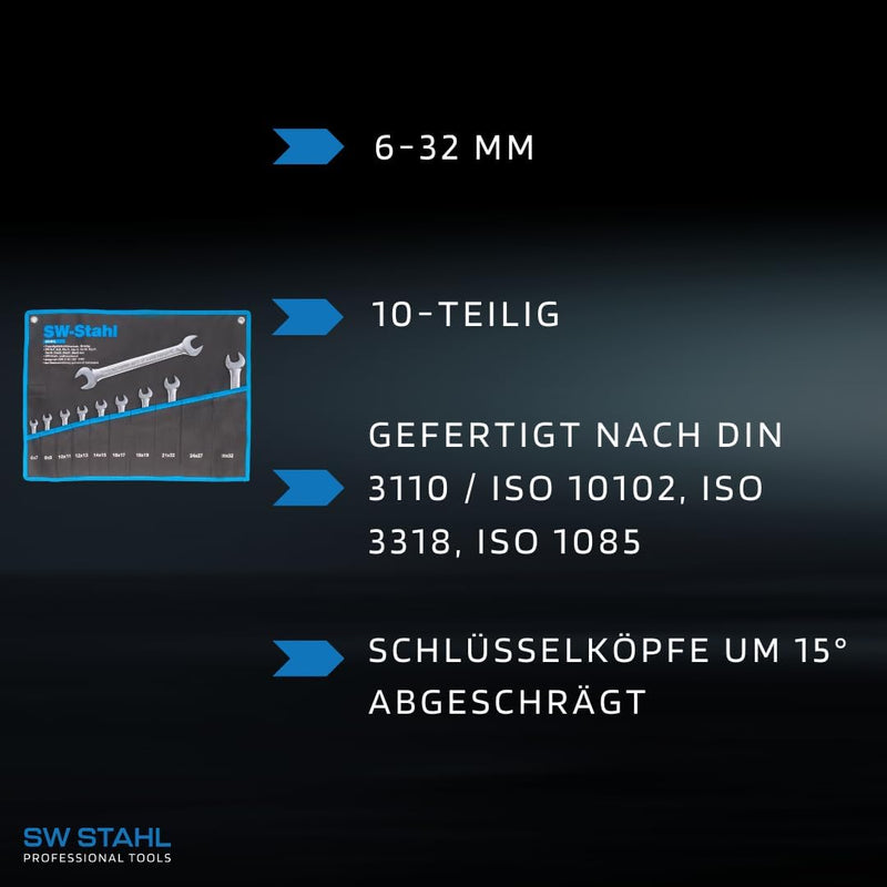 SW-Stahl 00151L Doppelgabelschlüsselsatz I Schraubenschlüssel Set I Doppelmaulschlüssel-Set