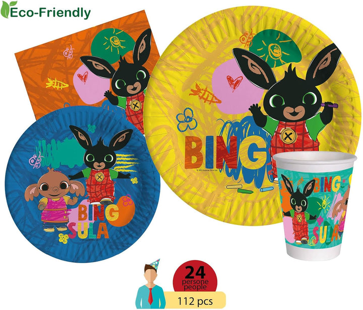 Ciao - Partygeschirr Party-Set Bing Sketch für 24 Personen (112 pcs: 24 Pappteller Ø23cm, 24 Papptel