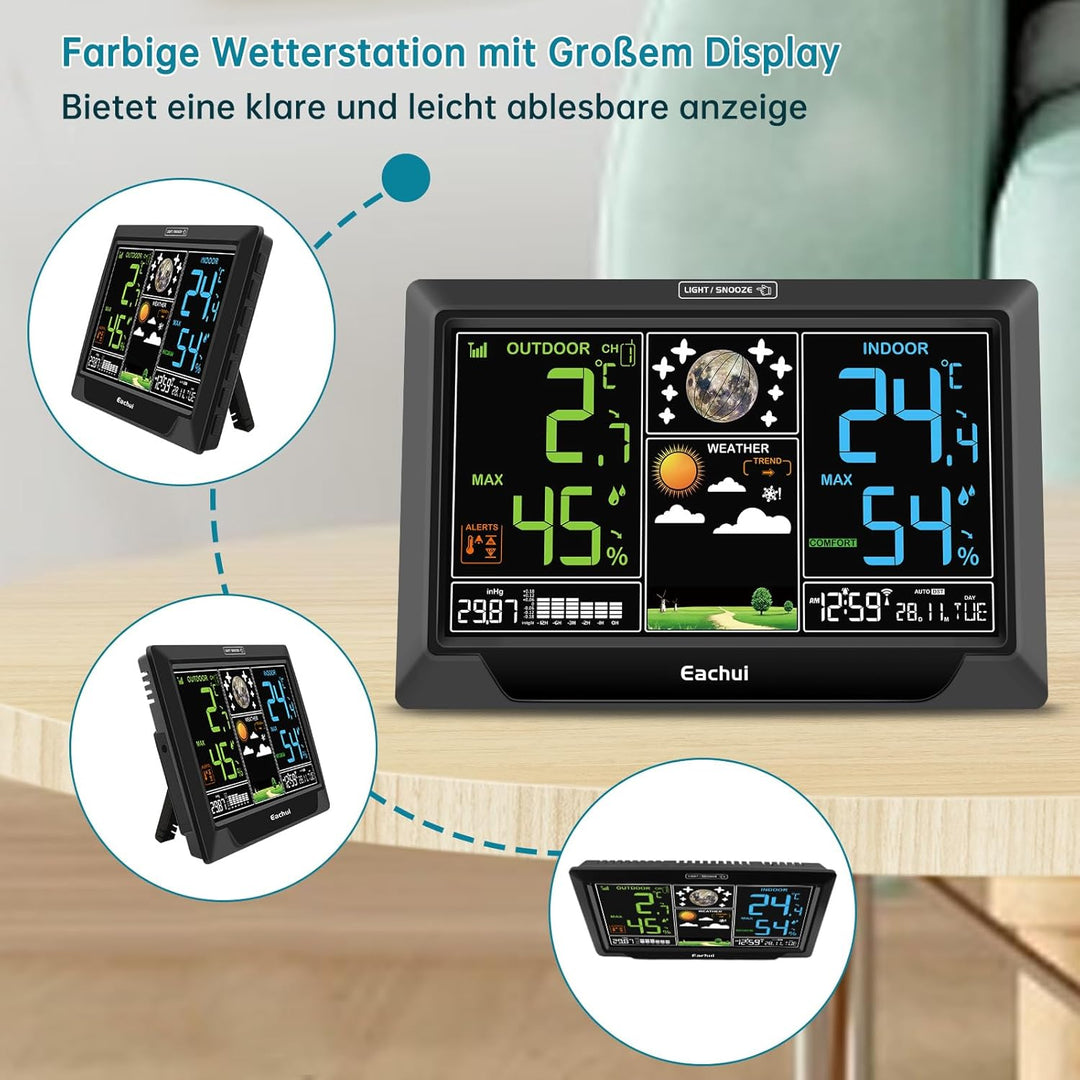 Eachui Wetterstation Funk mit Aussensensor Grosses Farbdisplay Funkwetterstation mit Wettervorhersag