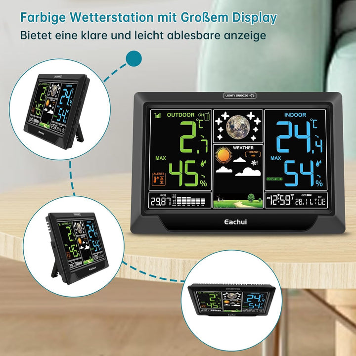Eachui Wetterstation Funk mit Aussensensor Grosses Farbdisplay Funkwetterstation mit Wettervorhersag