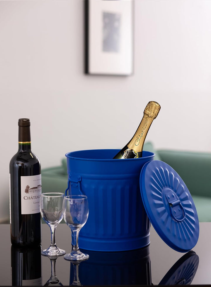 Kinderzimmer Mülleimer kleiner Metalleimer mit Deckel retro | Blau | Ø 21,5 cm, Höhe 21,5 cm, 7 Lite