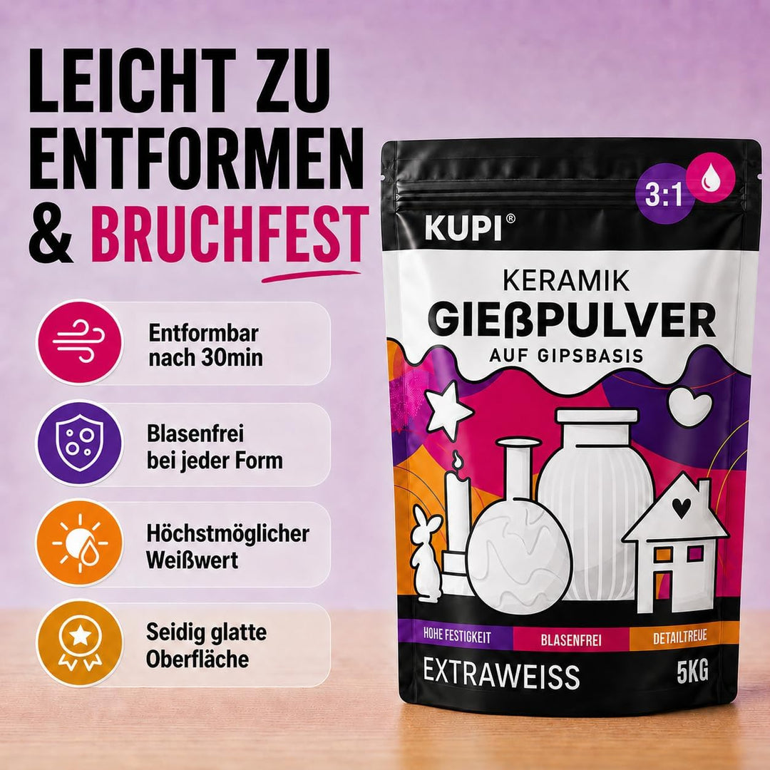 KUPI Keramik Giesspulver Weiss 5kg | Gips zum Giessen Lufthärtend &amp; Geruchlos | Giessmasse für Silik