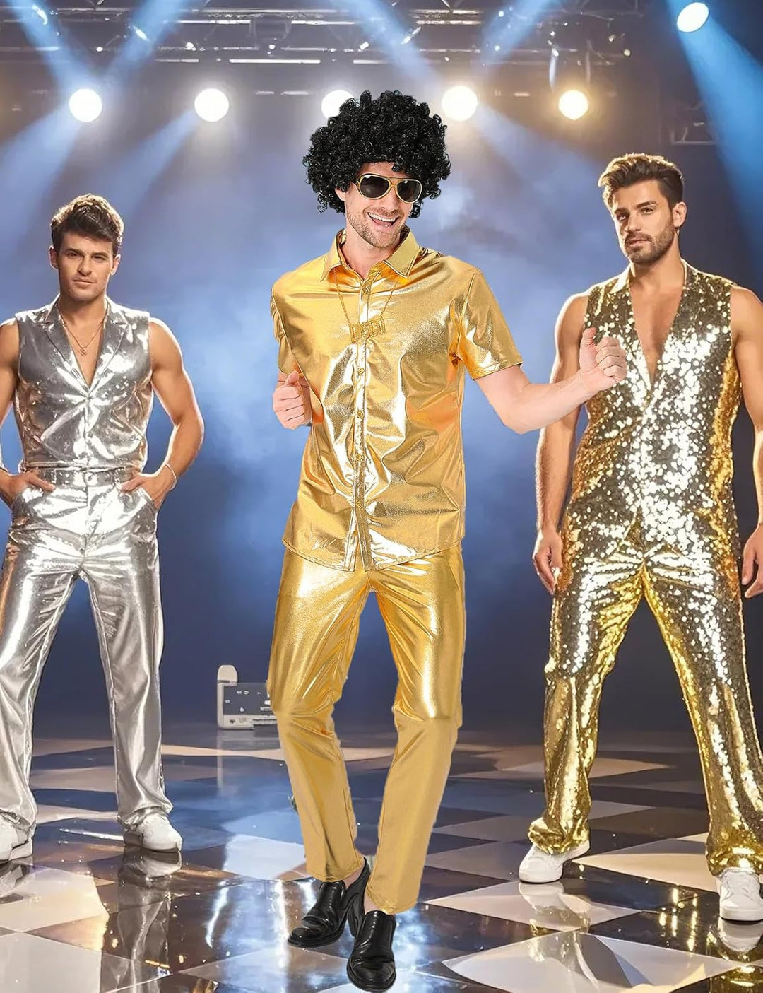 COSAVOROCK Herren 70er Jahre Disco Hose Metallic Glänzend Hosen 30W Gold, 30W Gold
