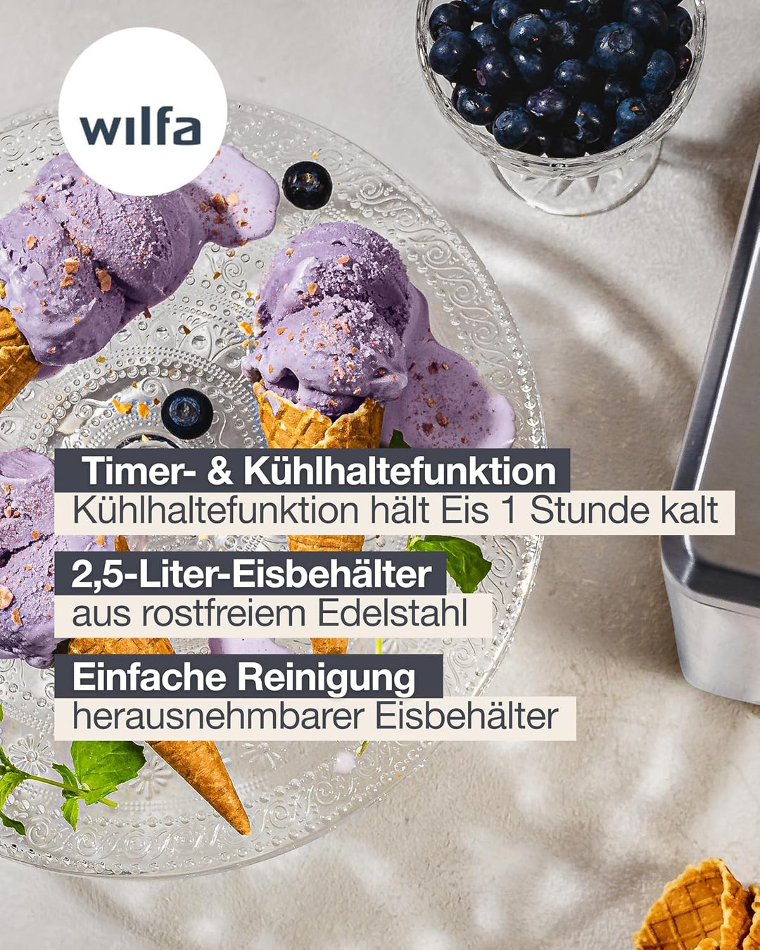 Wilfa VANILLA Eismaschine - 2,5 Liter - selbstkühlender Kompressor 250W - Timer-Funktion - Kühlhalte