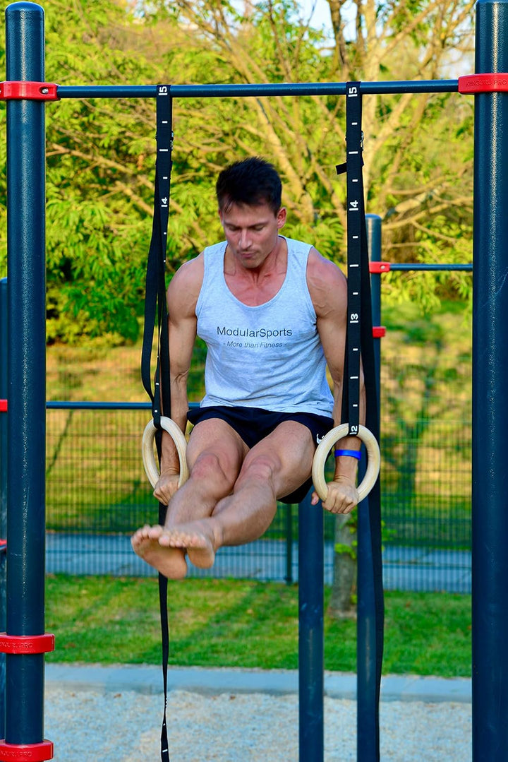 Modular Sports Gymnastikringe aus Holz 32mm / hochwertige Turnringe Outdoor & Indoor/belastbare Gurt