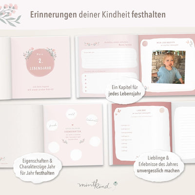 "Meine Kindheit" Erinnerungsalbum Rosa + Sticker Set I deine ersten 10 Jahre I Fotoalbum Kinder Gesc