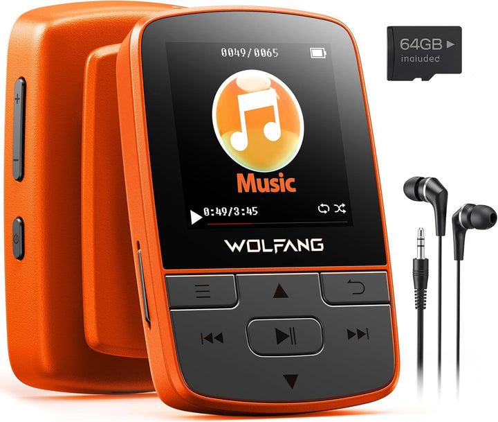 WOLFANG 64 GB MP3-Player mit Bluetooth 5.2, Sportclip, Mini-Grösse, Gewicht 28,3 g, HiF-FM-Radio, Di