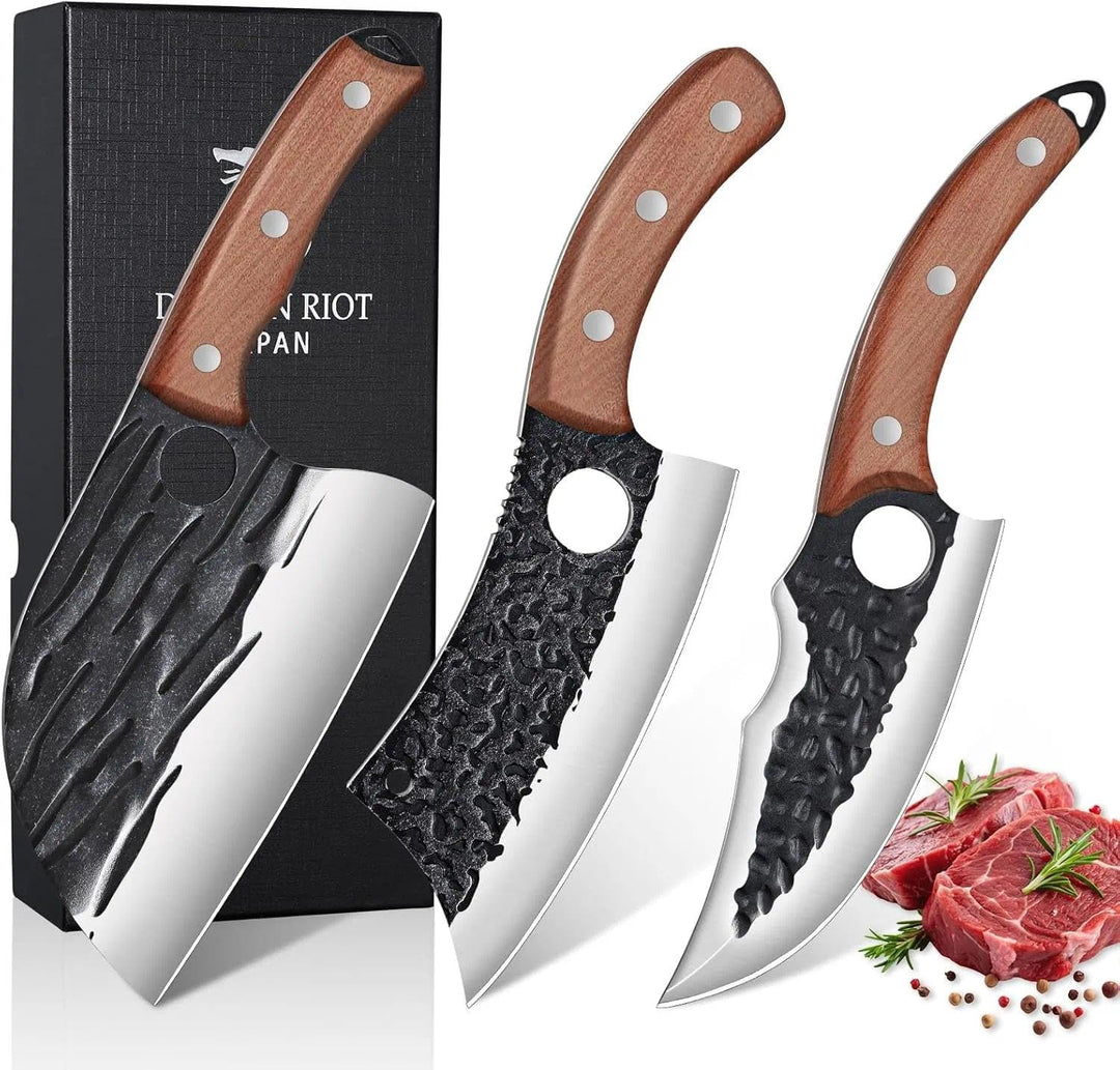 DRAGON RIOT Metzgermesser-Set 3-teilig, Handgeschmiedetes Messerset, Serbisches Kochmesser, Wikinger