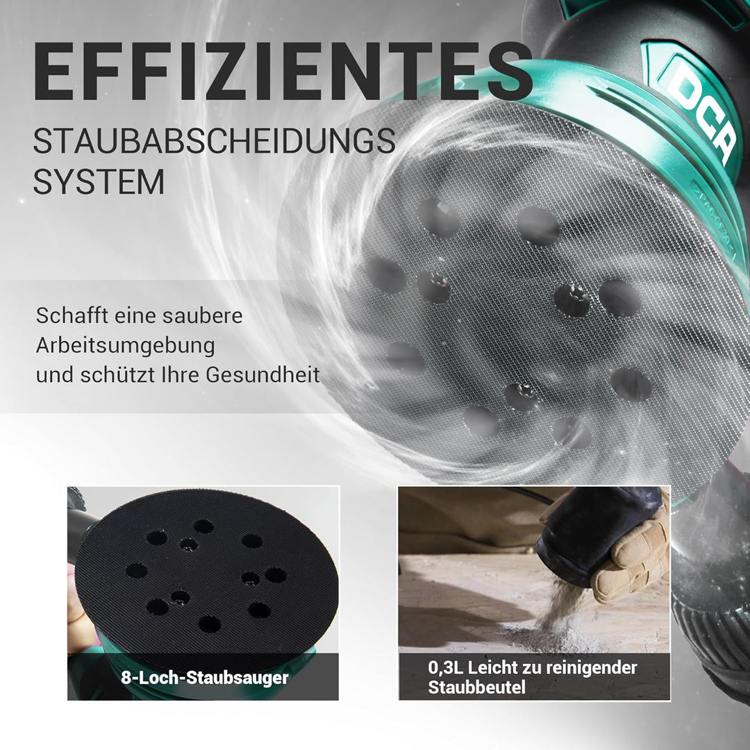 DCA Exzenterschleifer 300W, 125MM Schleifmaschine mit 6 Geschwindigkeiten, Max.12000 U/min, 0.3L Sta
