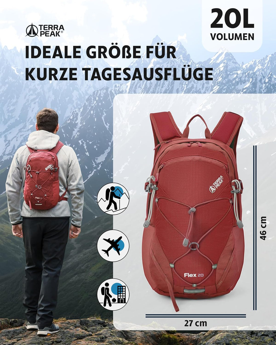 Terra Peak® Premium Wanderrucksack 20L (FLEX 20) klein mit Rückenbelüftung, Regenschutz &amp; Trinksyste