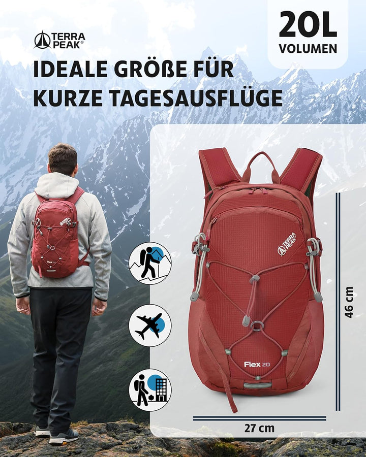 Terra Peak® Premium Wanderrucksack 20L (FLEX 20) klein mit Rückenbelüftung, Regenschutz &amp; Trinksyste