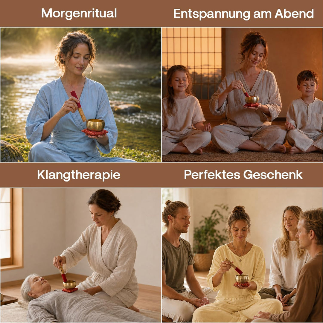 Tibetische Klangschale 13 cm | Meditations- & Yoga-Set mit Klöppel, Kissen & Geschenkbox | Entspanne
