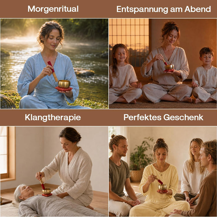 Tibetische Klangschale 13 cm | Meditations- & Yoga-Set mit Klöppel, Kissen & Geschenkbox | Entspanne