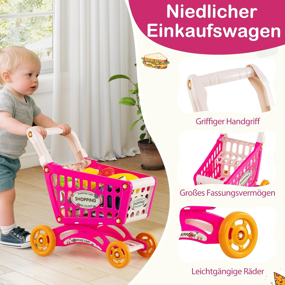 COSTWAY Kaufladen mit Einkaufswagen, Kinder Kaufmannsladen mit Waage, Regalen, Scanner mit Licht & S