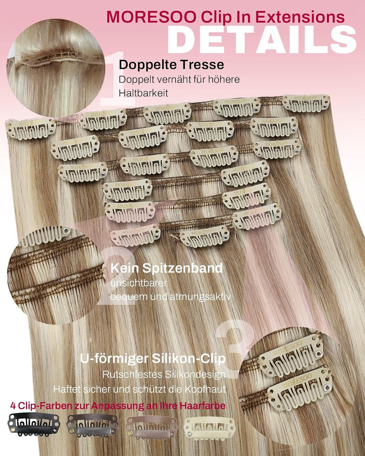 Moresoo Clip in Haarverlängerung Echthaar Clip Blond Remy Echthaar Extensions Clip in Extensions Ech