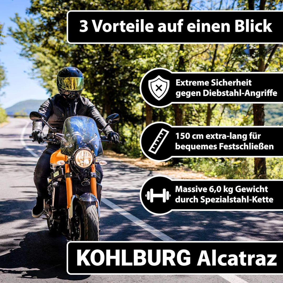 KOHLBURG 6kg massives 150cm VdS Sicherheits- Motorradschloss Typ Alcatraz, 13mm Spezialstahl-Kette,